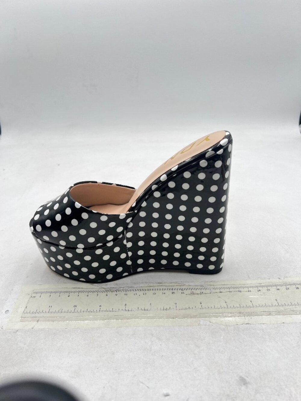 YDN Black Polka Dots High Heels Platform Mule Peep Toe Clog Slip on Wedge Sandal